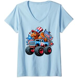 4th Of July Camel Independence Day Outfit Womens Patriotic USA Camel 4th July Monster Truck American V-Neck T-Shirt