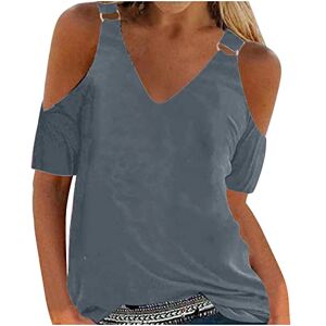 Gift Ideas L-281 Gray V Neck Tops for Women Summer Fall Short Sleeve Cold Shoulder Loose Fit Long Lounge Chain Basic Tops Blouses Shirts Women 2024 Clothes AJ XXL