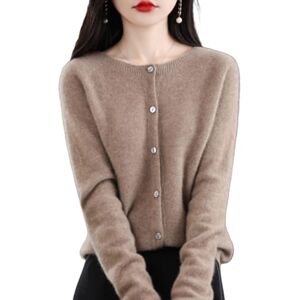 Teysha Women's Cashmere Cardigan Sweater,Wool Crew Neck Button Down Long Sleeve Cardigan Sweater,Soft Warm Knit Elastic Jumpers (Camel,X-Large)