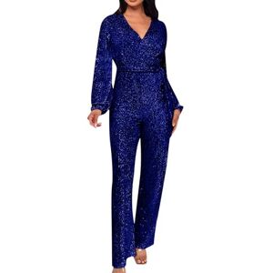 Generic Sequined Jumpsuit For Women Uk Formol Elegant V Neck Long Sleeve High-Waist Slim Fit Tunic Bodysuit Romper Playsuit Straight Leg Jumpsuit Belt Baggy Dungarees Clubwear For Party Club (11-Blue, M)