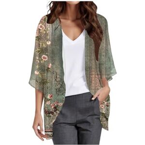 Hd20240506c1 Women Chiffon Cardigan Open Front Capes Kimono Three Quarters Sleeves Floral Print Blouses Sheer Soft Cover UP Plus Size Loose Cardigan Summer Beach Party Holidays Top