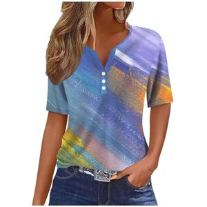 Generic H-370 Multicolor Gradient Loose Fit Long Tee Shirts for Women Summer Fall Short Sleeve Henley Vneck Spandex Lounge Tie Dye Tops T shirt Ladies Button 2024 Clothes Fashion L