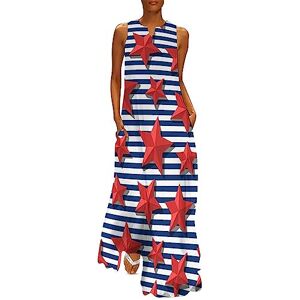 Songting Red Stars Blue Stripes Women's Ankle Length Dress Slim Fit Sleeveless Maxi Dresses Casual Sundress XL