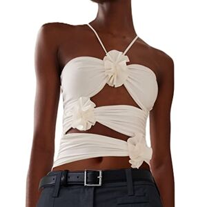 Betrodi Women 3D Floral Crop Top Sleeveless Hollow Out Ruched Tank Cami Off Shoulder Rosette Backless Bandeau Tube Tops (B White, M)