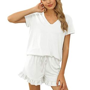 LCDIUDIU Womens Shorts Co Ord Sets Summer, White V-Neck Plain Short Sleeve T-Shirt And Ruffled Hem Shorts Lounge 2 Piece Outfits Going Out Holiday Beach Wear Sets White Xxl