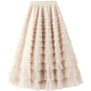 JIEZM skirt Women Pleated Tutu Long Skirts Ruffles Elegant Mesh Tulle Loose Skirts Solid Mesh Patchwork Gauze Party Skirt-r-l