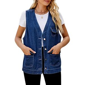 FEOYA Womens Oversized Denim Gilet Baggy V Neck Denim Waistcoat Button Down Sleeveless Jean Jacket Distressed Loose Fit Collarless Gilet Cotton Casual Washed Vest with Pockets Autumn Spring 05 Blue XL
