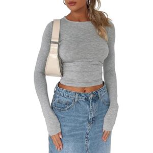 Yileegoo Women's Y2K Slim Fit Crop Tops Casual Solid Color Off Shoulder Crew Neck Long Sleeve Tight T-Shirt Basic Blouse Tee Tops (Z3 Light Grey, L)