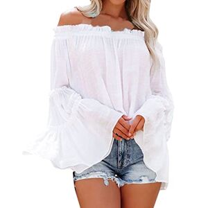LOPILY Plus Size Shirts for Women Oversized Loose Off the Shoulder Ladies Ruffle Lantern Long Sleeves Cuff Fashion Classy Solid One Shoulder Stylish Cotton Linen Shirt Tops Baggy Blouse White