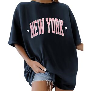 Lonya Women's T-Shirts New York Round Neck Y2k Oversized T Shirts for Women Ladies Short Sleeve Printed Summer Baggy Plus Size Casual Cotton Tee Tops,Navy Blue,L