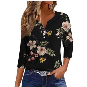 Generic Summer Women's V Neck 3/4 Sleeve Tops Floral Print Loose Tees Comfortable Button Womens Tshirts Casual Office Work Shirts for Running,Beach,Indoor&Outdoor Black