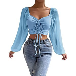 Suanq Women Loose Tunic Tees Shirt Set Women Women Casual Solid Color Blouse Drawstring Balloon Sleeve Skinny Cropped Long Sleeve Top Womens All Long Sleeve Light Blue