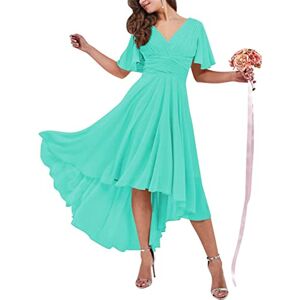 Maid of Honor Gowns A-line Short Sleeves Formal Evening Dresses High Low for Juniors with Pockets Turquoise UK24