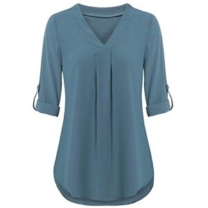 YEBIRA Womens Waist Long Sleeve Roll-Up Top Casual V Neck Button Layered Shirt Blouses (M, Sky Blue)