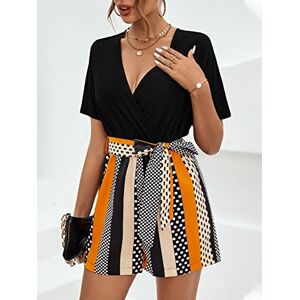 SIGNAM Summer Women's Casual Rompers Dot Print Belted Romper Short Sleeve High Waist Short Jumpsuit