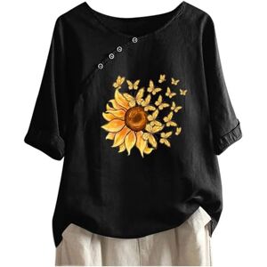 Clodeeu Women's Casual Tops V Neck Half Sleeve Summer Cotton Linen T Shirts Sunflower Print Baggy Blouse Elegant Going Out Tees