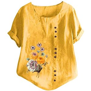 Generic Floral Print Cotton Linen Tops for Women UK Summer Crewneck Short Sleeve T Shirts Ladies Casual Baggy Blouse Dressy Elegant Tunics Yellow