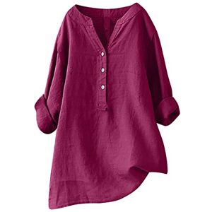 Clearance!Hot Sale!Cheap!Prime Day 2023! AMhomely Summer Tops UK Plus Size Roll Long Sleeve Button Down Shirts V Neck Loose Casual Cotton Linen T-Shirts Summer Shirts Blouse Oversized Tees Tops Ladies Henley T-Shirt, 2# Hot Pink, XXL