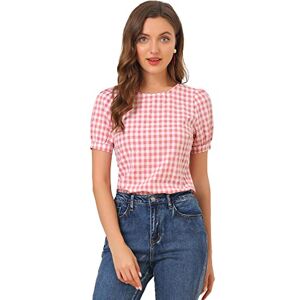 Allegra K Women's Summer Casual Gingham Crew Neck Top Vintage Puff Short Sleeve Blouse Pink 20