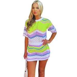 Women's Zig Zag Mutli Colors Knitted Crochet Dress 2Pcs Co-Ord Set Crop Top Ladies Short Sleeve Jumper Summer Party Crochet Round Neck Multi Colors Skirt And Dress Set (Neon Yellow Multi-Colours, S/M)