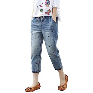 bgyujn High Waist Jeans Women's Casual Comfortable Literary Embroidery Elastic High Waist Casual Cut Trousers Jeans Women's Trousers Wide Leg, blue, L