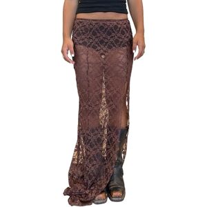 LOVHOT Women Lace Maxi Skirt Low Waist Thigh See-Through Skirt Casual Ruffle Hem Boho Long Skirts Summer Beach Wrap Skirts (Dark Brown, M)