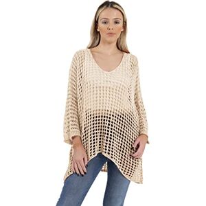 Zaif & Hari New Ladies Italian Lageenlook Lace Crochet Loose Knit Oversized Batwing Baggy Jumper Tunic TOP (One Size UK 10-26, Beige)