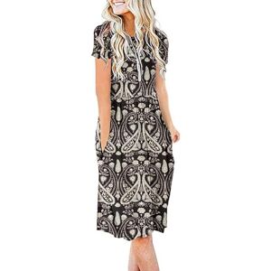 AUSELILY Summer Dress for Women Knee Length Dress Short Sleeve Causul Dresses with Pockets Pleated Empire Dress Flare Swing T-Shirt Dresses (New Paisley Black, 2XL)