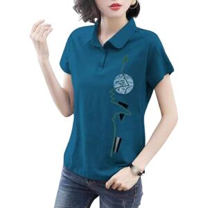 XYMJT T Shirts For Women Summer Women's Fashionable Printed T-shirt Lapel Cotton T-shirt Casual Short-sleeved Loose Pullover Top-blue-3xl