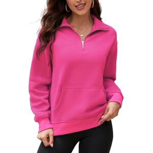 ArtJuly Women's Basic Sweatshirts with Pockets 1/4 Metal Zipper High Neck Long Sleeve Sweater Top Crewneck Casual Loose Trendy Pullover Tops Rose Red