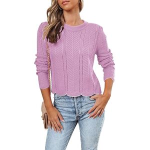 ANCAPELION Womens Long Sleeve Jumpers Causal Crew Neck Hollow Out Cable Knit Ribbed Pullover Sweater Tops Purple L
