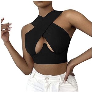 Generic Cotton Cardigan Women's Tops Cut Crop Wrap Vest Tank Out Top Halter Crisscross Solid Women's Blouse Top Plus Size (Black, XXXL)