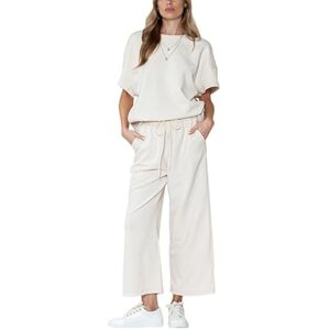 LCDIUDIU Oversized Wide Leg Sweat Pants And Top Set Women Summer 2 Piece Outfits,Black Round Neck Striped Texture Loose Short Sleeve T-Shirt Casual Tracksuit Jogging Loungewear Co Ord Sets White Xl