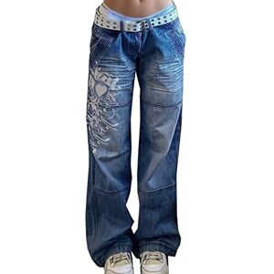 ZFLYLPA Women Low Waist Wide Leg Jeans Vintage Print Baggy Hose Y2k Distressed Straight Denim Pants Slim Flare Jean e Girl Streetwear (Color : Blue, Size : M)