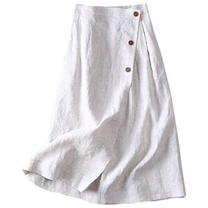 Momolaa Women's Summer Cotton Linen Elastic Back Buttoned Swing Midi A Line Skirt Bohemian Midi Skirt UK Size L White