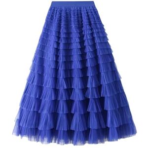 JIEZM skirt Women Pleated Tutu Long Skirts Ruffles Elegant Mesh Tulle Loose Skirts Solid Mesh Patchwork Gauze Party Skirt-z-l