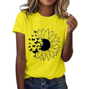 Clodeeu Ladies Crewneck T Shirts Short Sleeve Tops Summer Print Casual Tees Blouse for Work Office Going Out Yellow