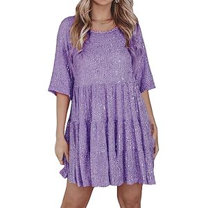 Yileegoo Women Sequin Shift Dress Round Neck Short Sleeve Glitter Sparkly Tiered Swing Tunic Mini Dress Party Clubwear (Purple, XL)