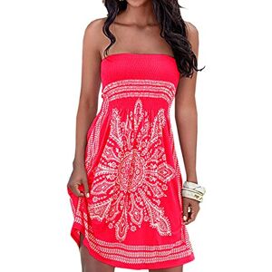 Women's Summer Bandeau/Off-the-Shoulder Dress, Floral Pattern, Colourful Boho Style, Casual Mini Beach Dress, Red-1, M