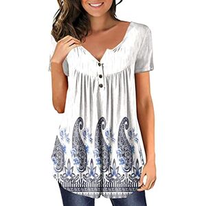 Briskorry Women's Summer Casual Short Sleeve Flowing Blouse Tops Flowers Printed Pleated T-Shirt For Women Oversize Pleated Blouse Summer Tops Long Shirt Summer Shirts