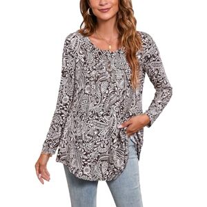 Enmain Tunic Tops for Women UK Long Sleeve Plus Size Tunic Tops for Leggings Longline Ladies V Neck Tunic Blouse Loose T Shirt Buttons Up Floral Printed Ladies Blouse,L1-Brown 2,S