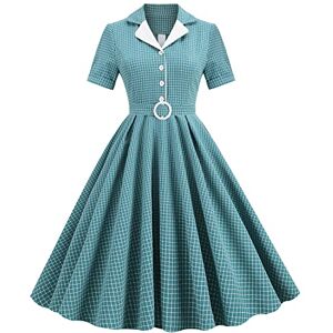 1950s Dresses for Women Plus Size Vintage Classy 50s Style Audrey Hepburn Short Sleeve Peter Pan Collar Rockabilly Retro Swing A Line Midi Summer Dress Cocktail Gown Blue-Green Plaid XL