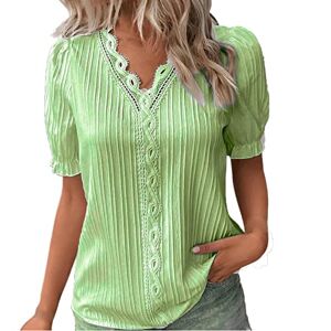 Generic Women Summer Lace V Neck Plain Lace Elegant Shirt Fashion Solid Color Elegant Blouse Short Sleeve Comfy Soft Tee Womens Tops Dressy Casual Tank Tops Women with Built in Bra Green