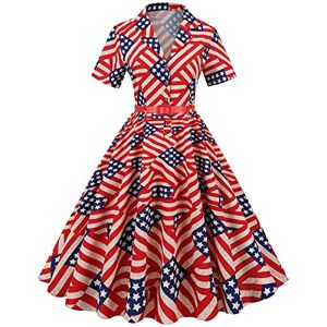 Independence Day Dress for Women, Classy 50s Style Cocktail Audrey Hepburn Short Sleeve Peter Pan Collar Rockabilly Retro Swing Dress A Line Midi Summer Party Dress Ball Prom Gown Red Striped L