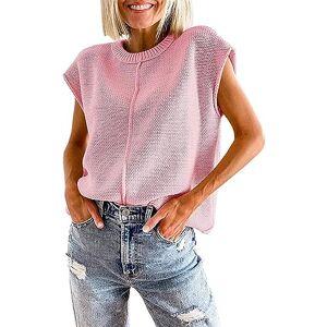 L9wei Women Summer Knit Shirt Short Sleeve Womens Cap Sleeve Tops Casual Crew Neck Loose Fit Knit Lightweight Sweater Pullover Top Oversized Loose Fit Jumper (Pink, L)