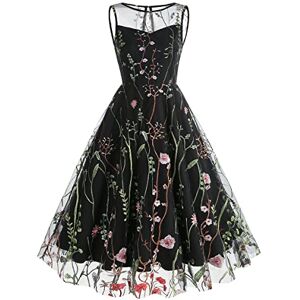 Cocktail Dresses for Women UK Summer Elegant 50s Vintage 1950s 1940s Sleeveless Embroidered Swing Midi Dress Ladies Wedding Guest Christmas Formal Evening Special Occasions Party Ball Gown Black L