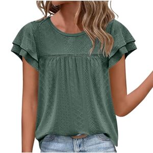 My Orders Lightning Deals Eyelet Tops for Women UK 2024 Summer Flowy Trendy Crewneck Shirts Ruffle Sleeve Loose Comfy Beach Casual Tees Medium T Shirt Off The Shoulder top (Green, M)