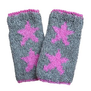 Pachamama Women Wool Hand Warmers Fleece Lined Handknitted Star Design One-Size Handmade Extra Warm Fair Trade (Grey)