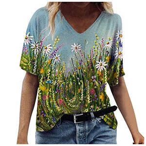 Janly Clearance Women's Floral Print Tops, Ladies V-Neck Flower Scenic T-Shirt Plus Size, Summer Casual Blouse Long Sleeve Shirt, Easter St Patrick's Day Deal, Y#blue, M
