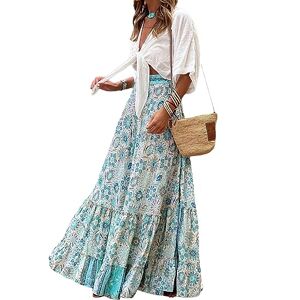 Qkiome Boho Floral Print Maxi Skirt A-Line Elastic Waist Tie-up Elegant Big Hem Flowy Swing Skirt for Summer Casual Daily Beachwear (Blue Flower, L)